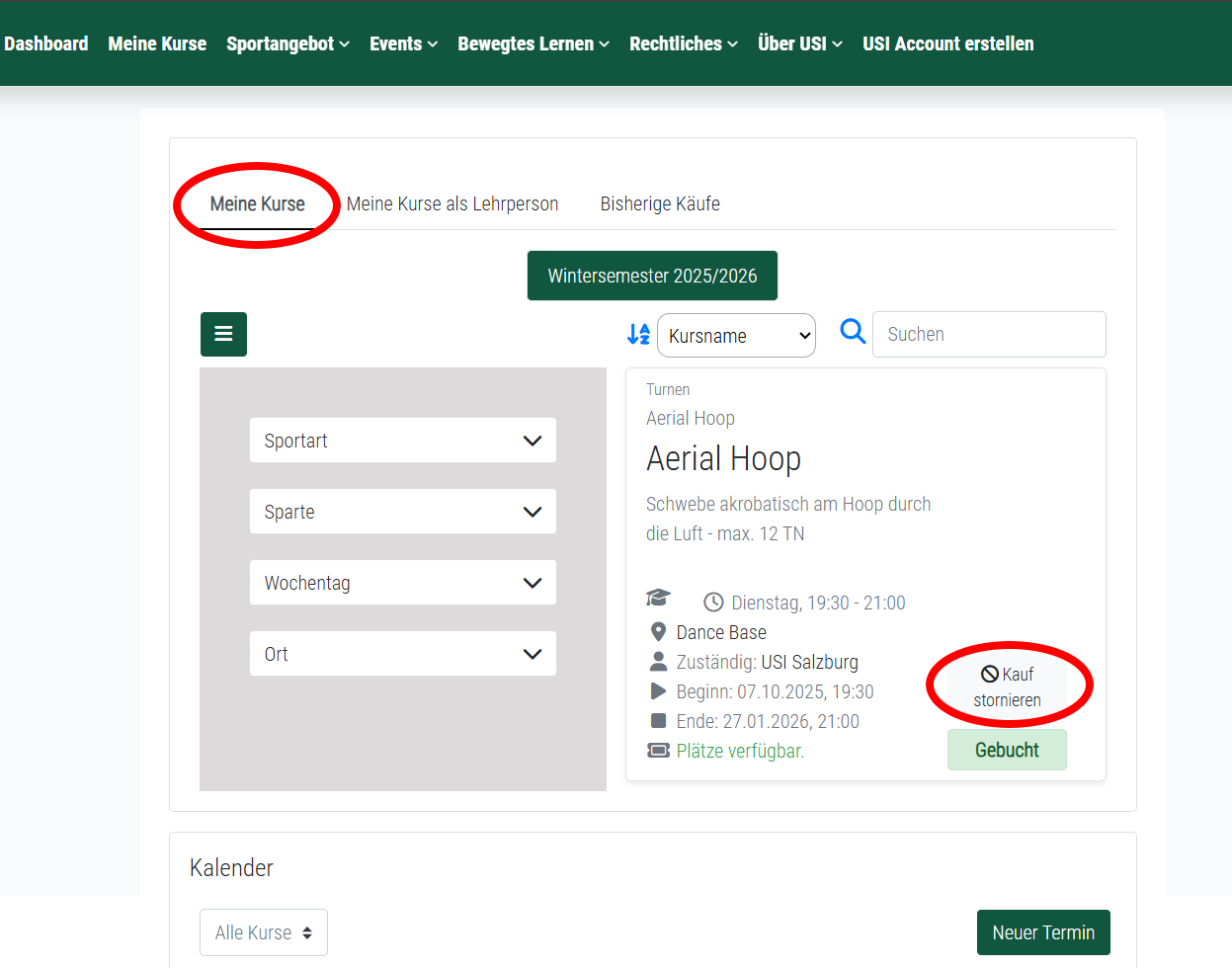 Beschreibung der Kursstornierung im Dashboard unter "Meine Kurse" - "Kauf stornieren"